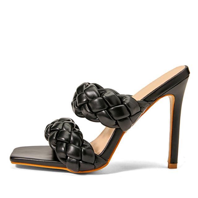 

Летние женские шлепанцы из тканого материала в подиумном стиле, модные сандалии-гладиаторы на тонком высоком каблуке, уличные шлепанцы, женские туфли без каблуков 35 чёрный