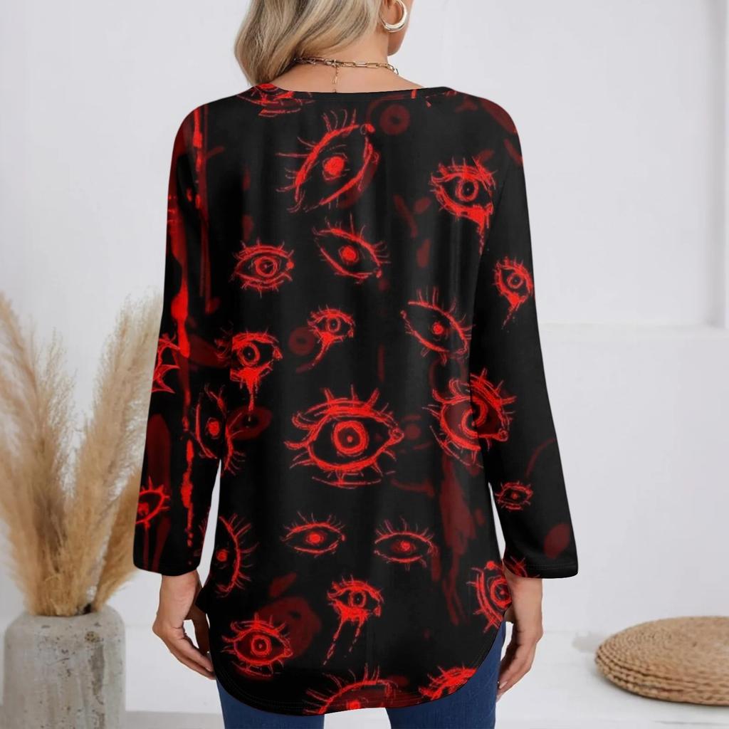 Ladies' Fashionable And Casual Halloween Printed T-shirt Long Sleeved V-neck Mid Length Top