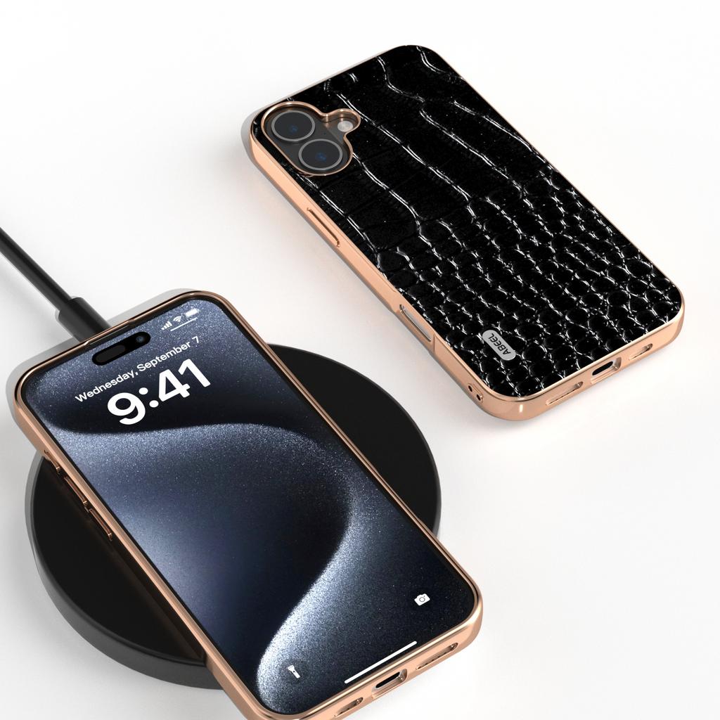 ABEEL For iPhone 16 Plus Case Electroplating Edge Crocodile Texture Genuine Cow Leather Back Phone Cover
