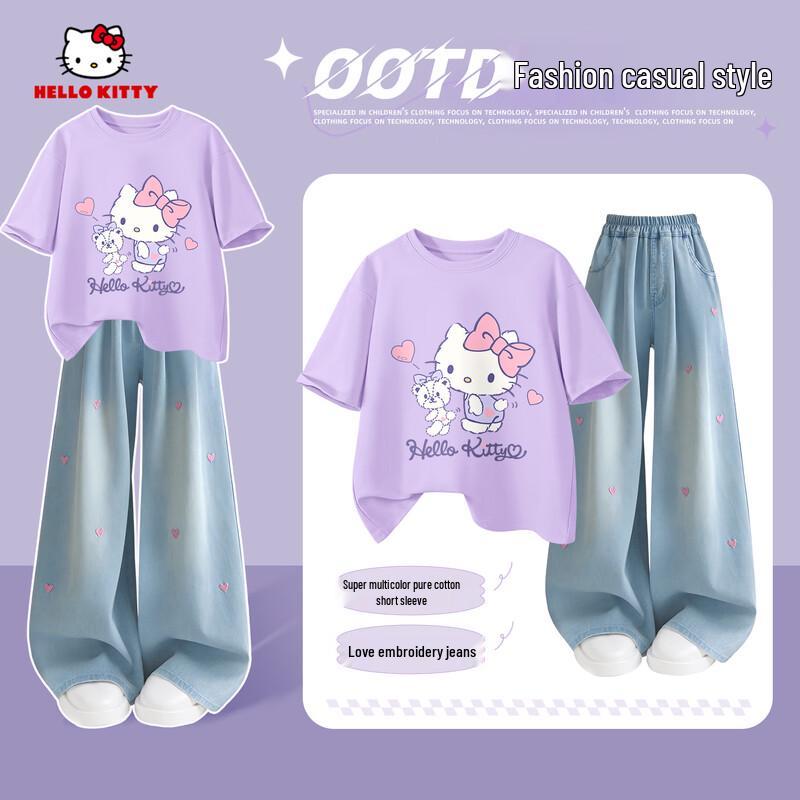 

Летний комплект из футболки и джинсов для девочек Hello Kitty 160