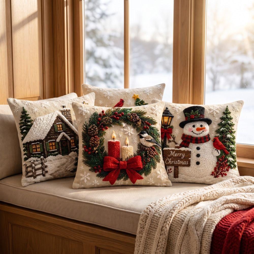Soft Throw Cushion Case 2D Printed Snowman Pillow Cover Christmas Pillow Covers  Living Room