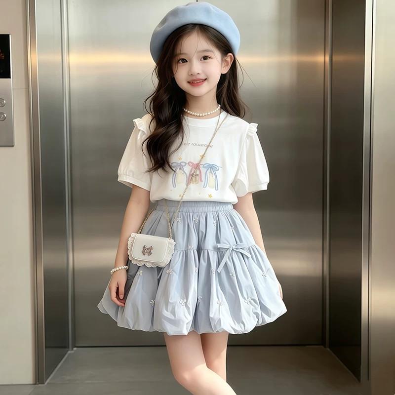 Girls' Summer Fashion Set: Bow Puff Sleeve Top & Tulip Skirt
