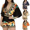 Deep V-Neck Lantern Half Sleeve Mid-Rise Women Jumpsuit Flower Printing Retro Trim Short Pants Romper Female Clothing
