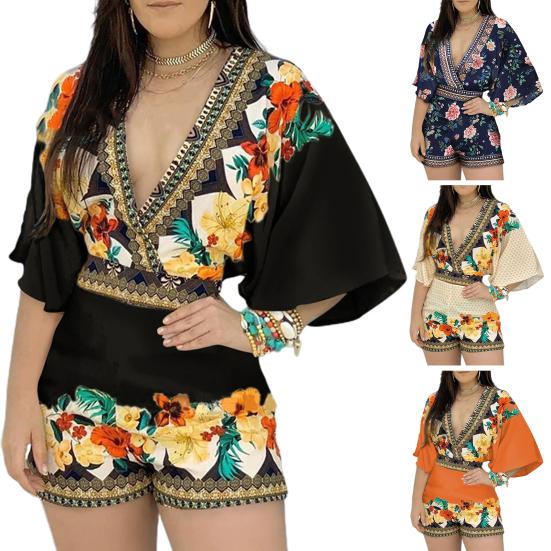 Deep V-Neck Lantern Half Sleeve Mid-Rise Women Jumpsuit Flower Printing Retro Trim Short Pants Romper Female Clothing