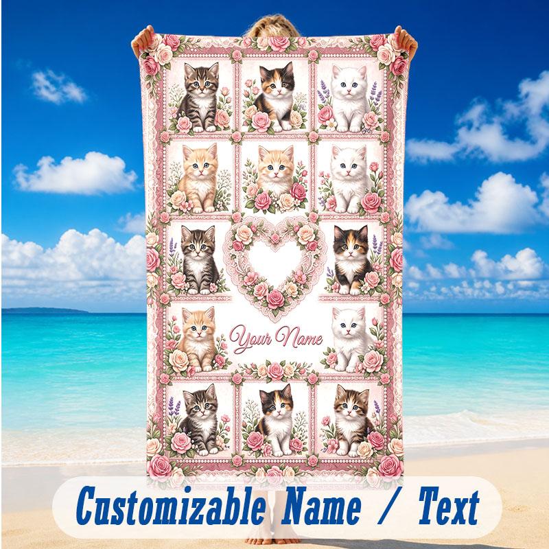Cat Theme Beach Towel Personalized Custom Name & Text Soft Quick Dry Beach Towel for Swimming Travel