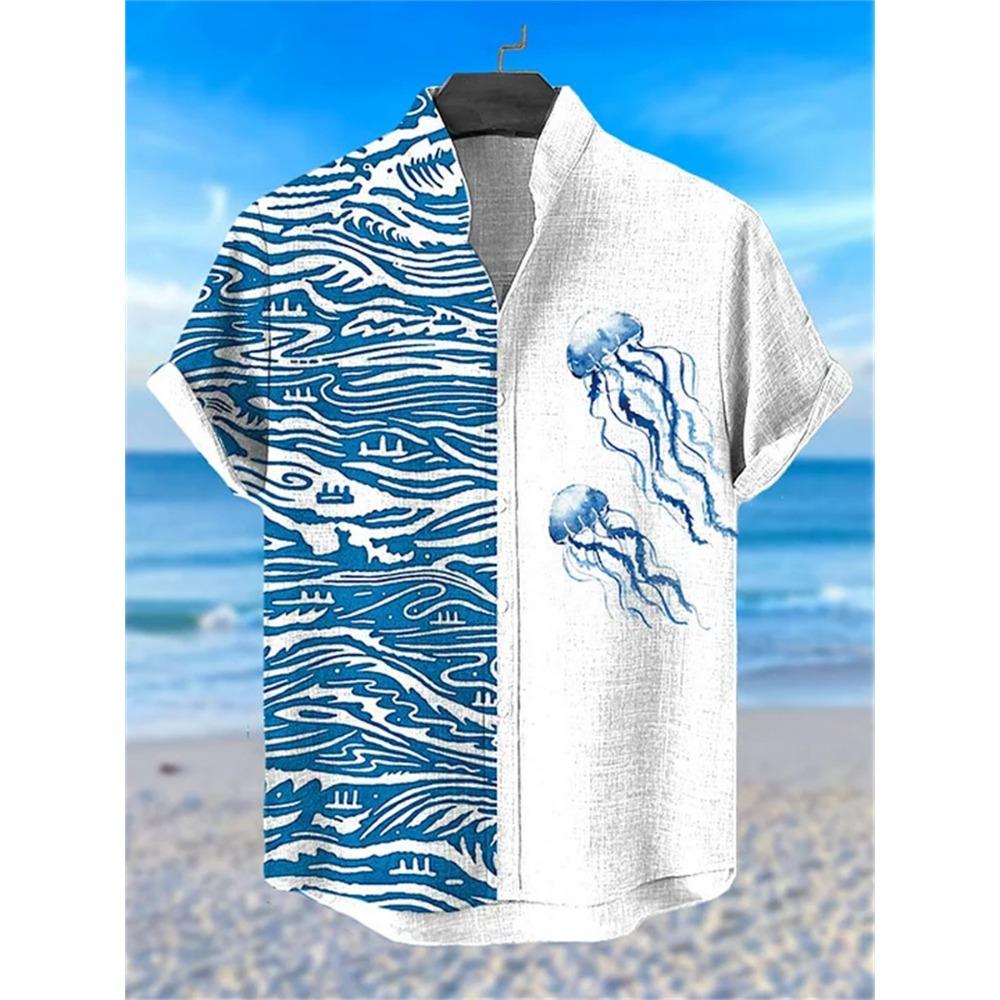 Camicia da Uomo a Maniche Corte con Stampa Ondulata, Design alla Moda, Top Estivo da Uomo, Camicia Hawaiana Casual Trendy per le Vacanze
