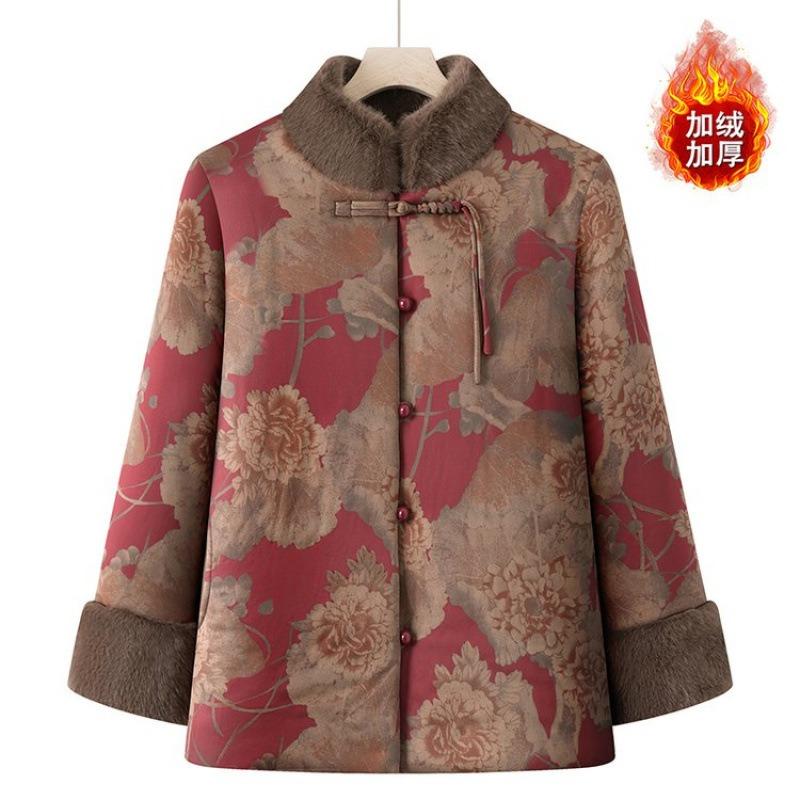 Middle-aged and Elderly Padded Jacket with Velvet Winter Clothing Thickened Padded Jacket Warm Padded Jacket Women