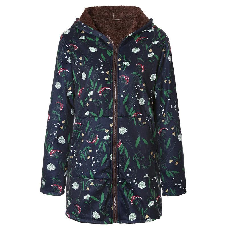 2025 European and American women's long-sleeved zipper hooded thickened composite cotton-padded coat printed medium and long cotton-padded coat