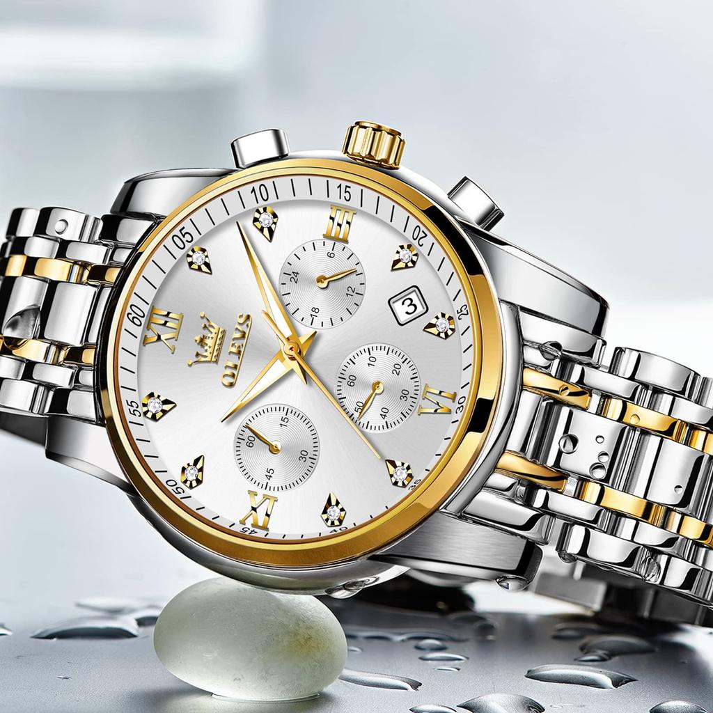 Olevs Silver Business Popular Waterproof Quartz Analog Watch with Large Date Casual and Cool Metal Sporty Jam Tangan Pria Men's Watch, Dial, Display,