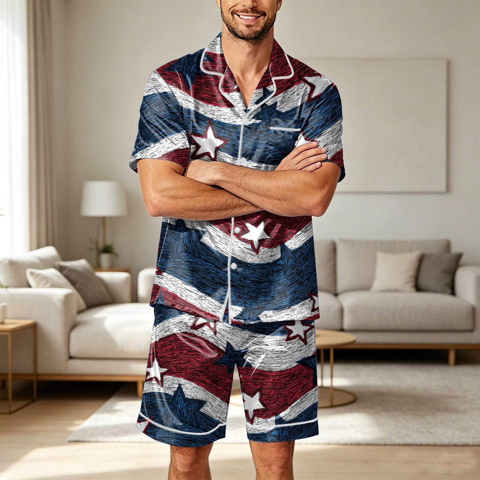 

Men Satin Short Sleeve Pajama Set Two Piece Lightweight Sleepwear with Pockets Button Down Shirt and Shorts Comfortable Fit M білий