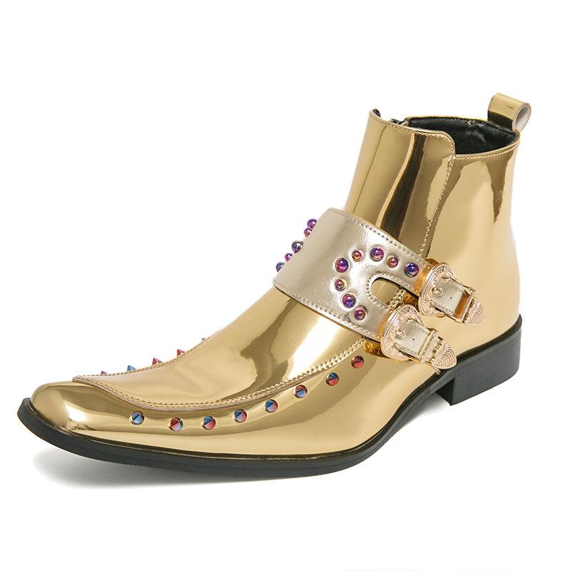 

2025 new large size Chelsea gold enchantress boots men s British square head bright leather shoes 46 золотий