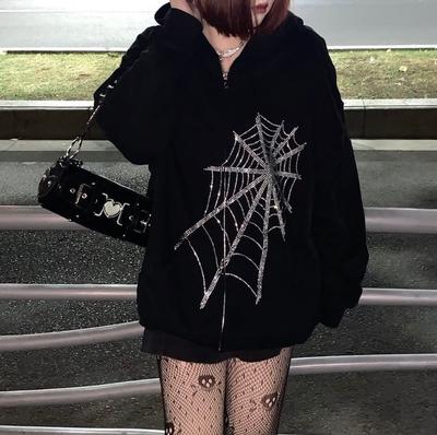 Zipper Hooded Sweater  Women Diamond Cardigan Rhinestone Spider Web Loose Jacket  Korean Goth Harajuku Coats Women
