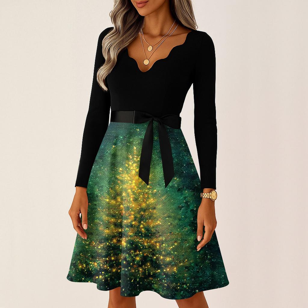 Women's Casual Fashion V Neck Long Sleeve Christmas Printed Party Vintage Long Dresses