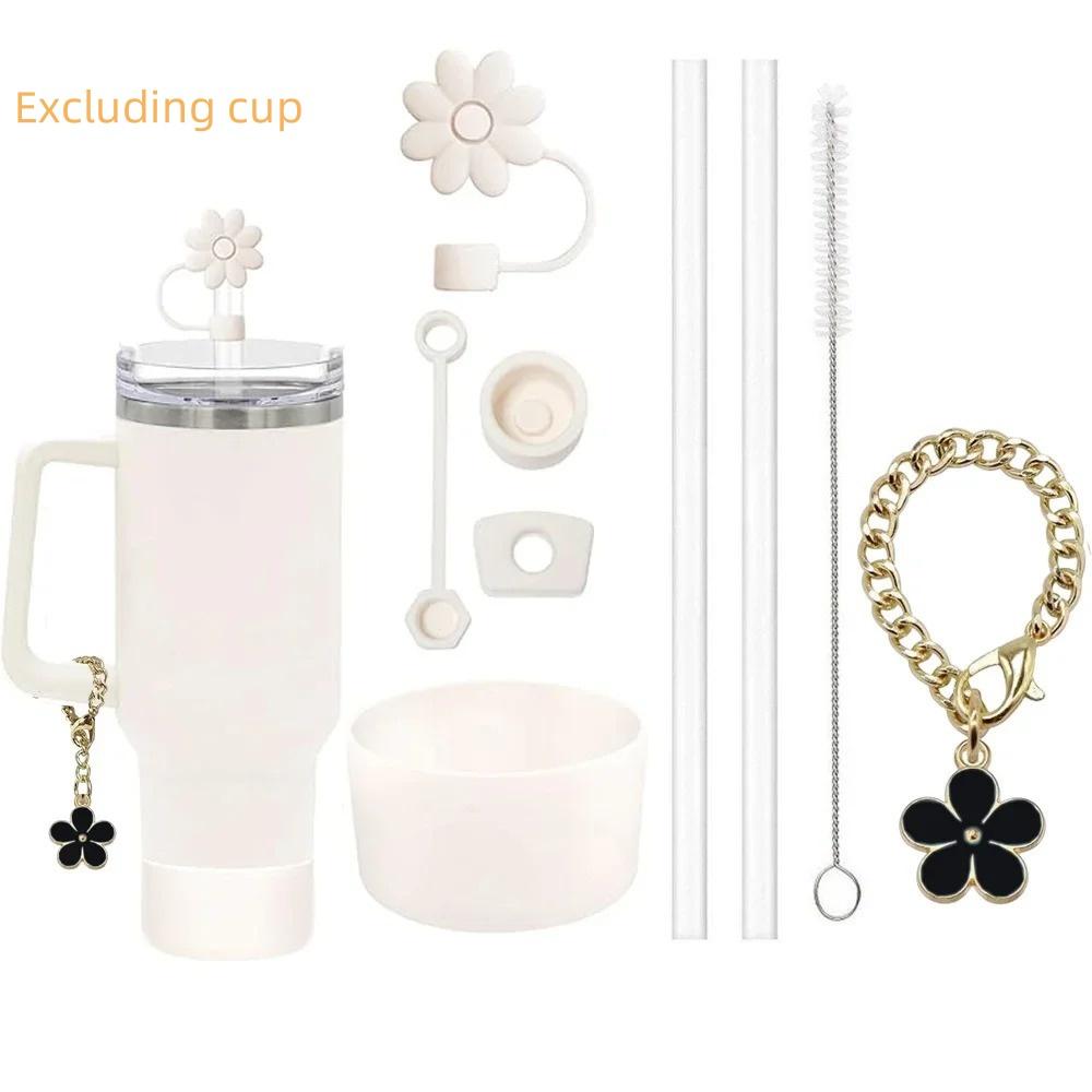 9pcs Accessories Set 2 Straw and Brush 3 Spill Proof Stopper Flowers Straw Cover Boot and 1 Flower Charm Chain for Stanley Cup