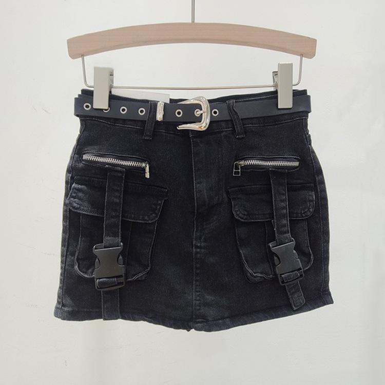 Vintage distressed utility pocket denim short skirt for women, summer new spicy girl slimming button-up anti-exposure A-line skirt