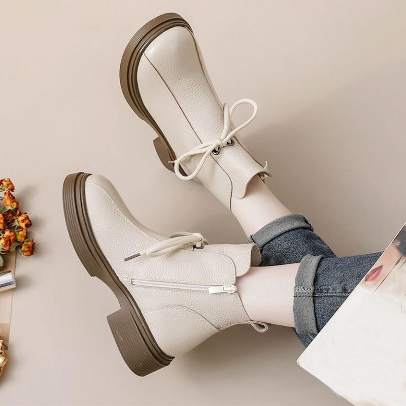2025 Autumn Early Winter Genuine Leather Shoes Women Ankle Boots Soft Fashion Brand Ladies Party Shoes Plus Size 41 Beige Black