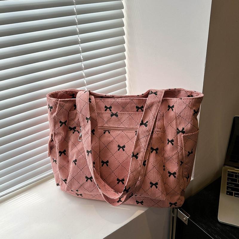Women Corduroy Tote Bag Stylish Large Capacity Casual Commuting Bag Bow Pattern Design Simple Shopping Bag Chic Handbags CLE