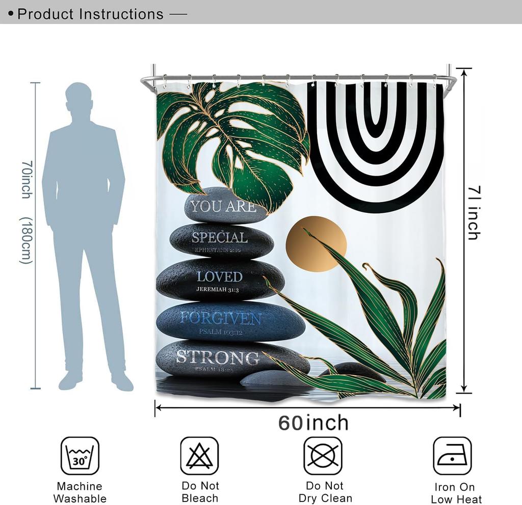 Abstract Zen Spa Shower Curtain Set Minimalist Bible Meditation Modern Aesthetic Contemporary Green Plant Leaves Monstera