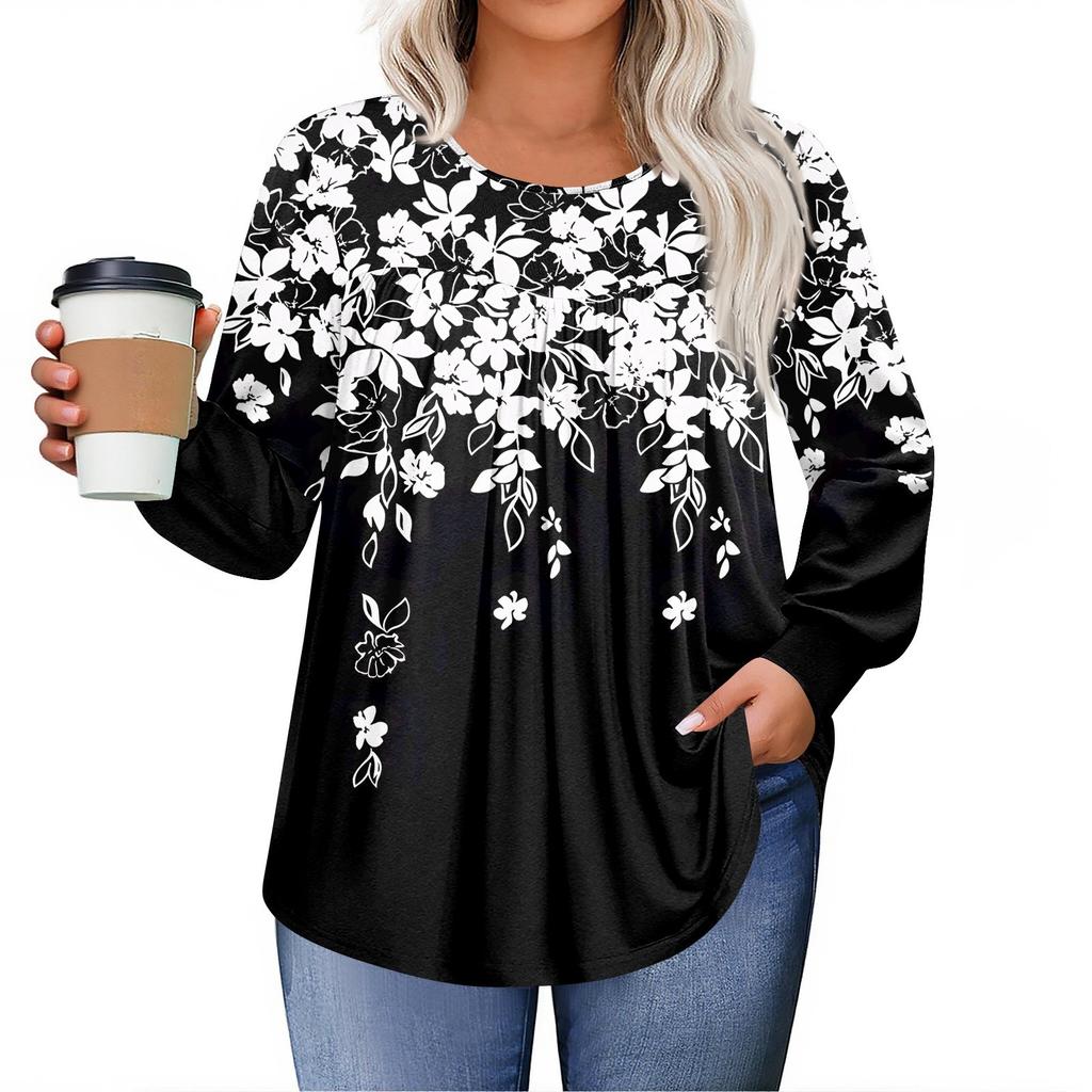 Dámské topy plus size košile s dlouhým rukávem kulatý výstřih splývavá tunika ležérní volná halenka L-5X
