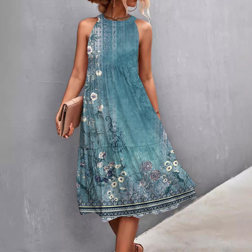 Women's Summer Sleeveless Solid Color Printed Loose Splicing Casual Hanging Neck Beach Dresses
