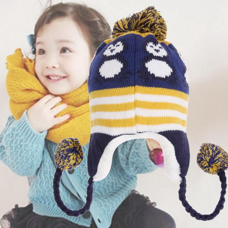 Cute Baby Toddler Girls Boys Penguin Fur Ball Knitted Winter Warm Cap With Elegant Design