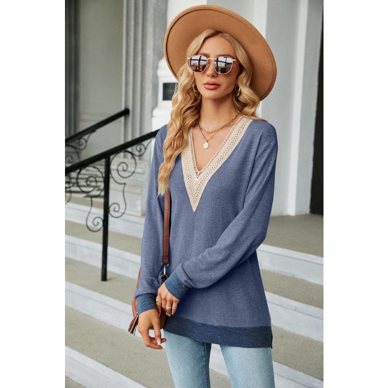Autumn and Winter Lace V-neck Contrasting Contrasting Slit Loose Long-sleeved T-shirt Tops for Women