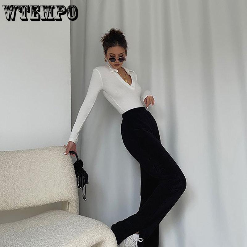 Damen V-Ausschnitt Langarm Skinny T-Shirts Damen Gestrickte Tops Herbst Winter Feste Beiläufige Dünne Damen Tees Streetwear