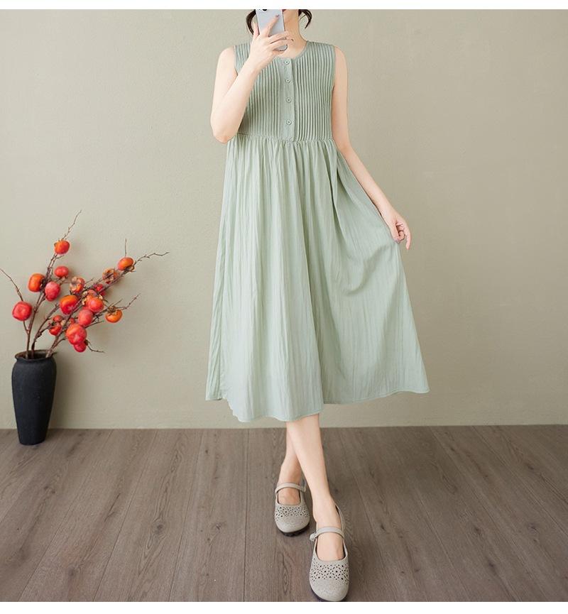 

Платье-комбинация из хлопка и льна с органическим плиссированием, однотонное, лето 2025, новинка, веерная плиссировка, модная, большого размера, без рукавов, жилет, юбка 2XL зелёный