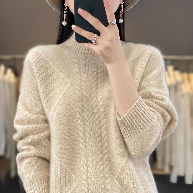 Women's 100% Pure Wool Cable Knit Sweater, Half-High Collar, Loose Pullover, Thick Cashmere Base Layer for Autumn/Winter.