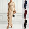 2026 One Shoulder Satin Midi Evening Dress, Ruched Asymmetrical Ruffle Cocktail Gown, 100% Polyester S-2XL