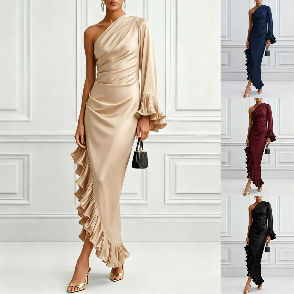 2026 One Shoulder Satin Midi Evening Dress, Ruched Asymmetrical Ruffle Cocktail Gown, 100% Polyester S-2XL