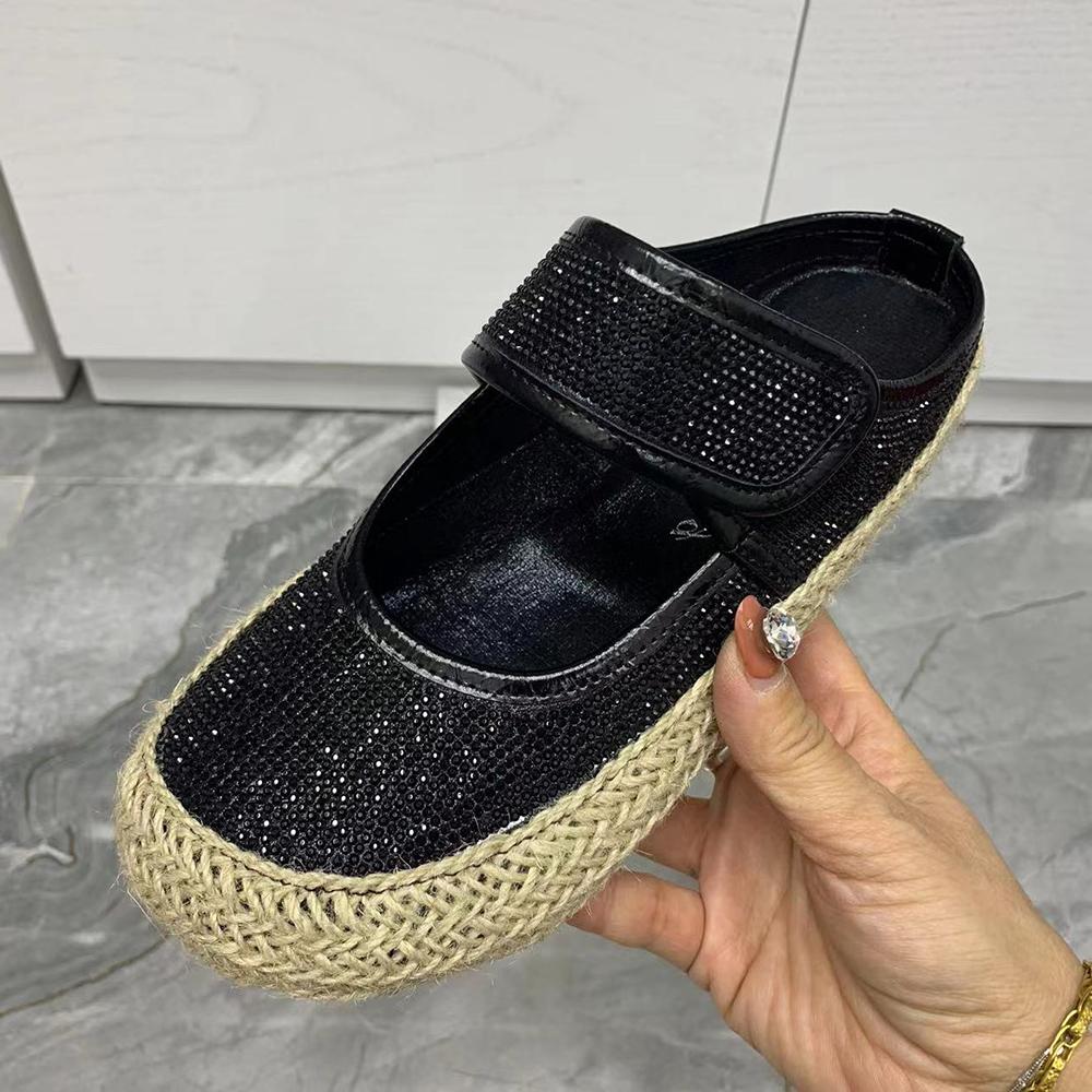Pantoufles à strass scintillants pour femmes, chaussures d'été décontractées, sandales plates, chaussures de marque à la mode