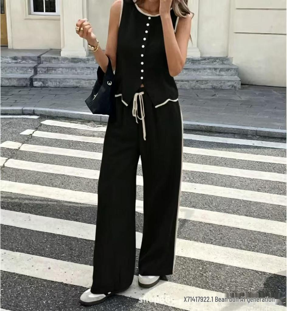 2025 European & American Women's Slimming Two-Piece Set: Sleeveless Top & Drawstring Wide-Leg Pants