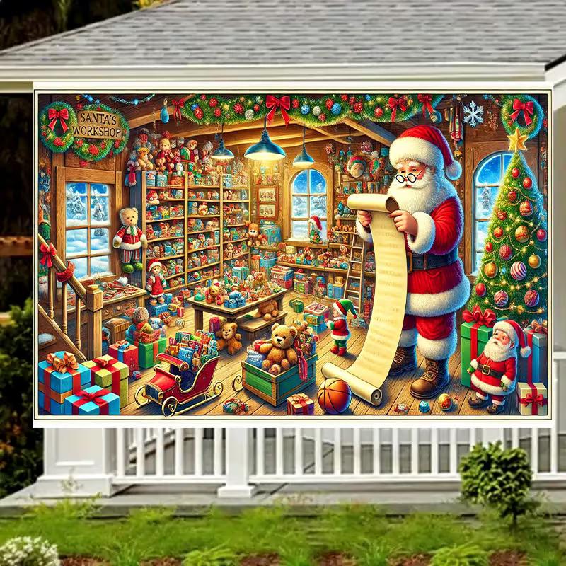 2D Santa Workshop Christmas Photo Backdrop Xmas Party Decor Cloth