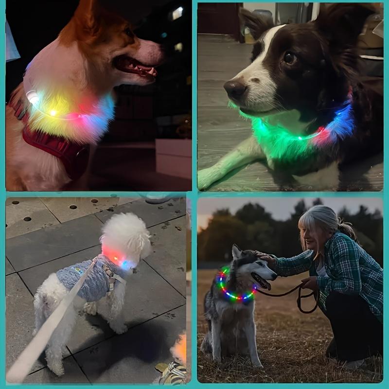 Adjustable USB Rechargeable LED Dog Collar Multi-Color Soft 4 Flashing Modes Cut- to- Fit Design for Nighttime Safety Visibility