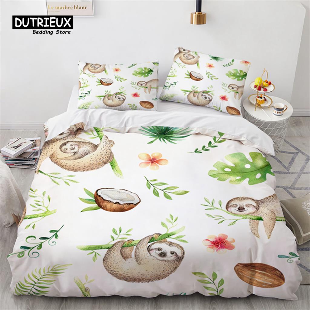 Niedlicher Faultier Bettbezug Einzelbett Cartoon Tier Bettwäsche Set Mikrofaser Floral Blätter Steppdeckenbezug Für Teenager Mädchen Jungen Kawaii Raumdeko