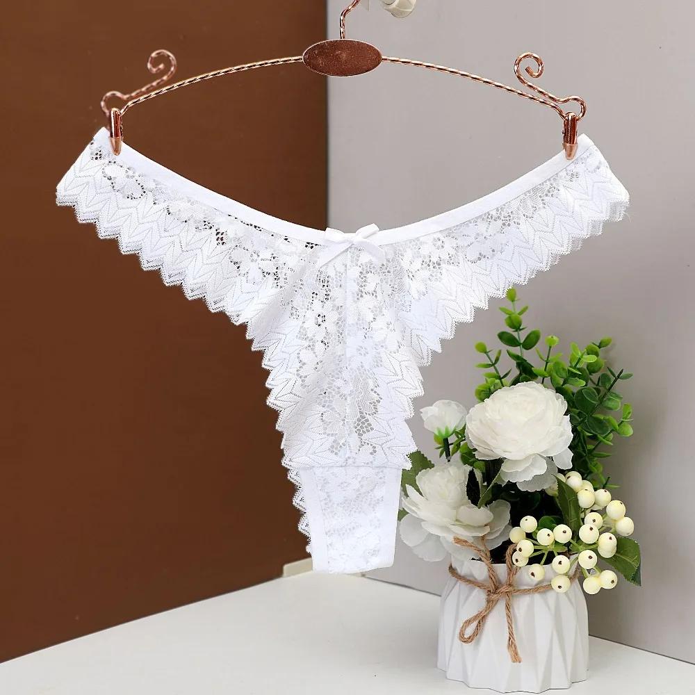 Breathable Bow Flower Lace Seamless Thong Transparent Mid Waist Underwear for Women Hollow Panties Mesh Lace Briefs Girl