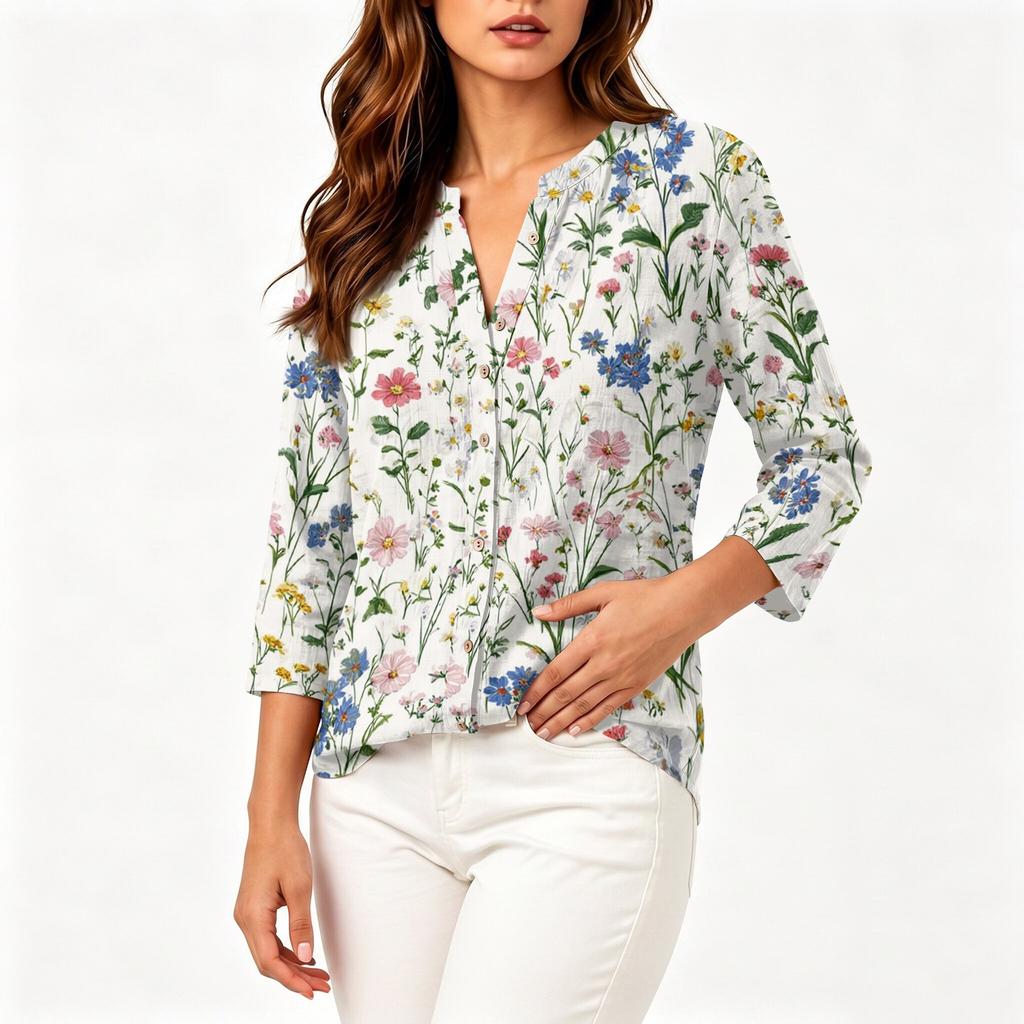 Blouse Vintage pour Femme à Imprimé Floral, Col Rond, Manches Trois-Quarts, Haut Décontracté en Coton et Lin