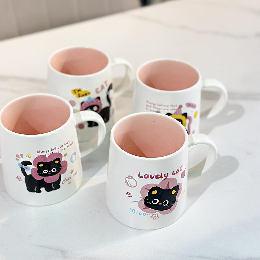 Cute and Funny Princess Cat Ceramic Water Cup New Style for Girls Household Mug Milk Coffee Cup with Lid Spoon