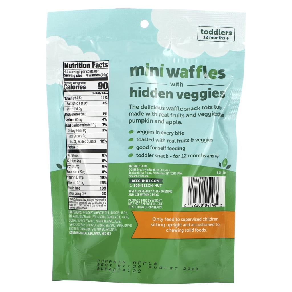 Beech-Nut, Mini Waffles with Hidden Veggies, Ages 12 months and up, Pumpkin, Apple & Cinnamon, 90 g (3.2 oz)