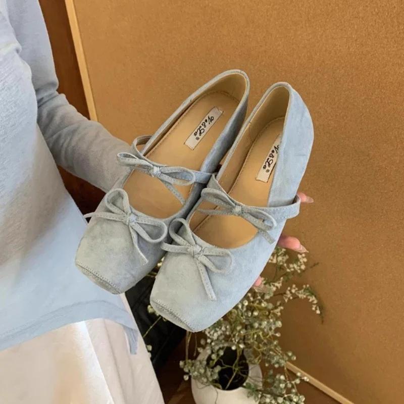 Women's Mary Jane Shoes Square Toe Bow Flannel Shallow Mouth Shoes Women Dress Increase Internal Height 2025 Zapatillas De Mujer
