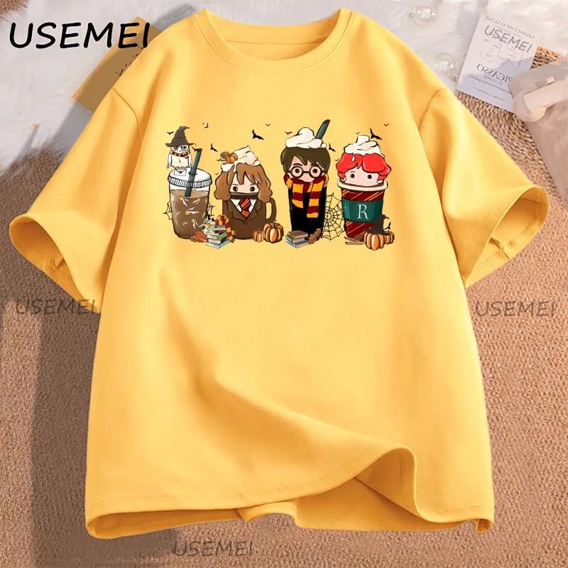 Cute Coffee Characters TShirt Women Men Aesthetic Tee Pumpkin Fall T Shirt Cotton Short Sleeve  Aesthetic High Quality Tees
