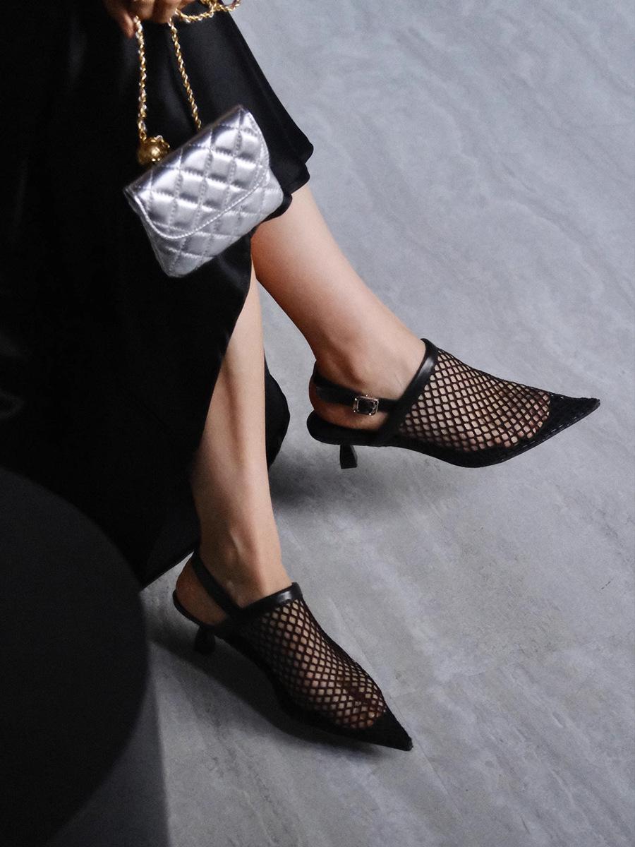 

Европейские и американские нишевые рыболовные сетчатые дышащие сумки, сандалии с острым носком, женские летние новые туфли на среднем каблуке, на тонком каблуке, мюли, крутые тапочки 40 чёрный