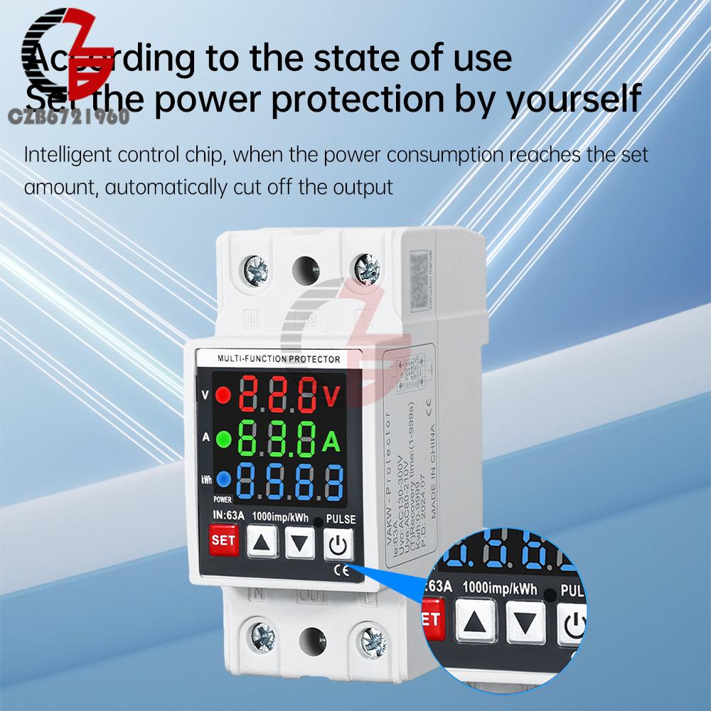 63A Din Rail 3-in-1 Display Adjustable Over Voltage Current and Under Voltage Protective Device Protector Relay Volt Power Meter