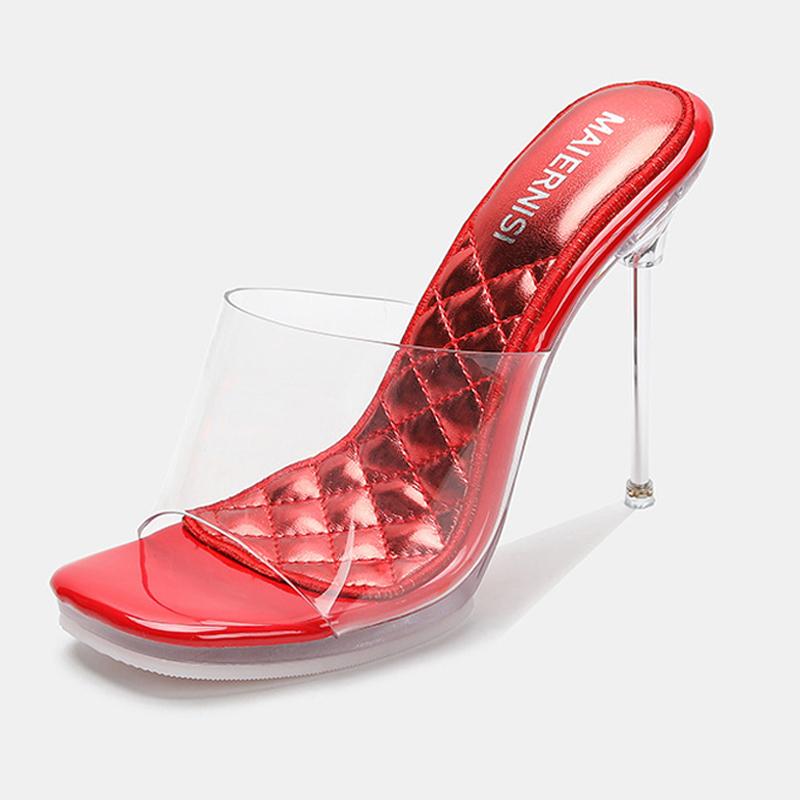 

Women Crystal Metal High Thin Heel Sandals Square Toe Stiletto Sandals for Office Nightclub Party Pub Banquet Host Model Catwalk 35 красный