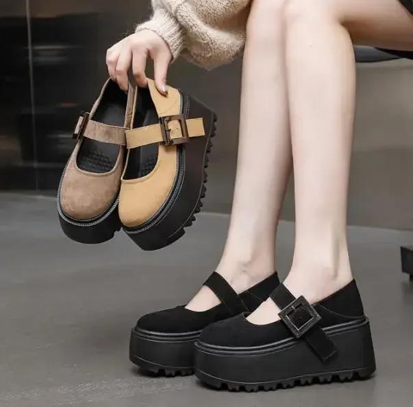 Fashion 8CM New Genuine Leather Designer Platform Wedge Round Toe Pumps Spring Summer Flats Hook Women Fashion Mary Jane Loafer Shoes
