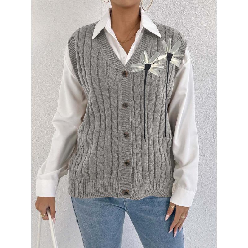 Damen Strickjacke Herbst Winter Damen Lässig Oberbekleidung Zopfmuster Strickpullover Dreidimensionale Blumenstickerei Weste