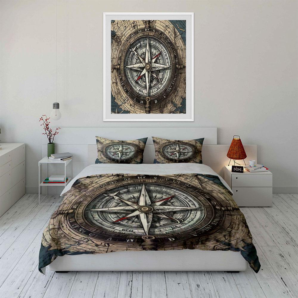 Vintage Nautical Compass Decor Set Soft Skin-Friendly Bedding Set Includes 1 Duvet Cover And 2 Pillowcase Gift