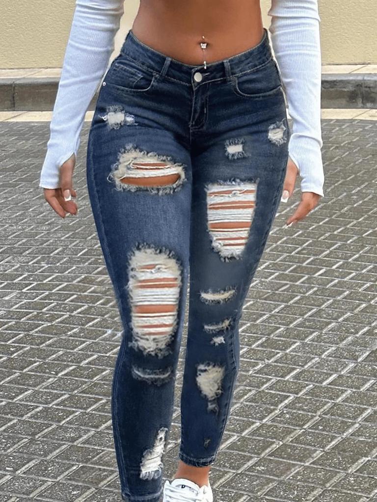 Jeans Skinny Strappati a Vita Media Stile Europeo e Americano - Denim Elasticizzato Slim Fit