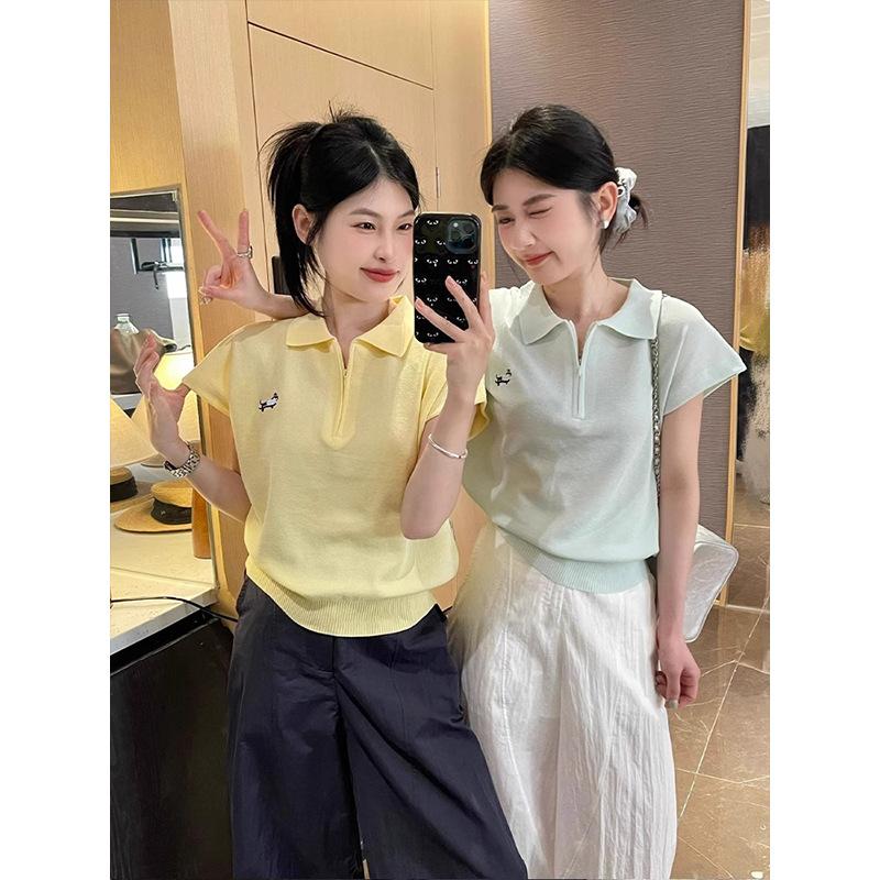 Polo Collar, Half-zipper, Straight-shoulder Short-sleeved T-shirt for Women, Summer Grey Lapel Knitted Sweater, Short Korean-style Top